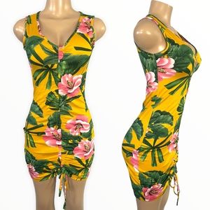 New Yellow and Pink Floral True Size M/L Stretchy Short Ruched Women Tank Dress